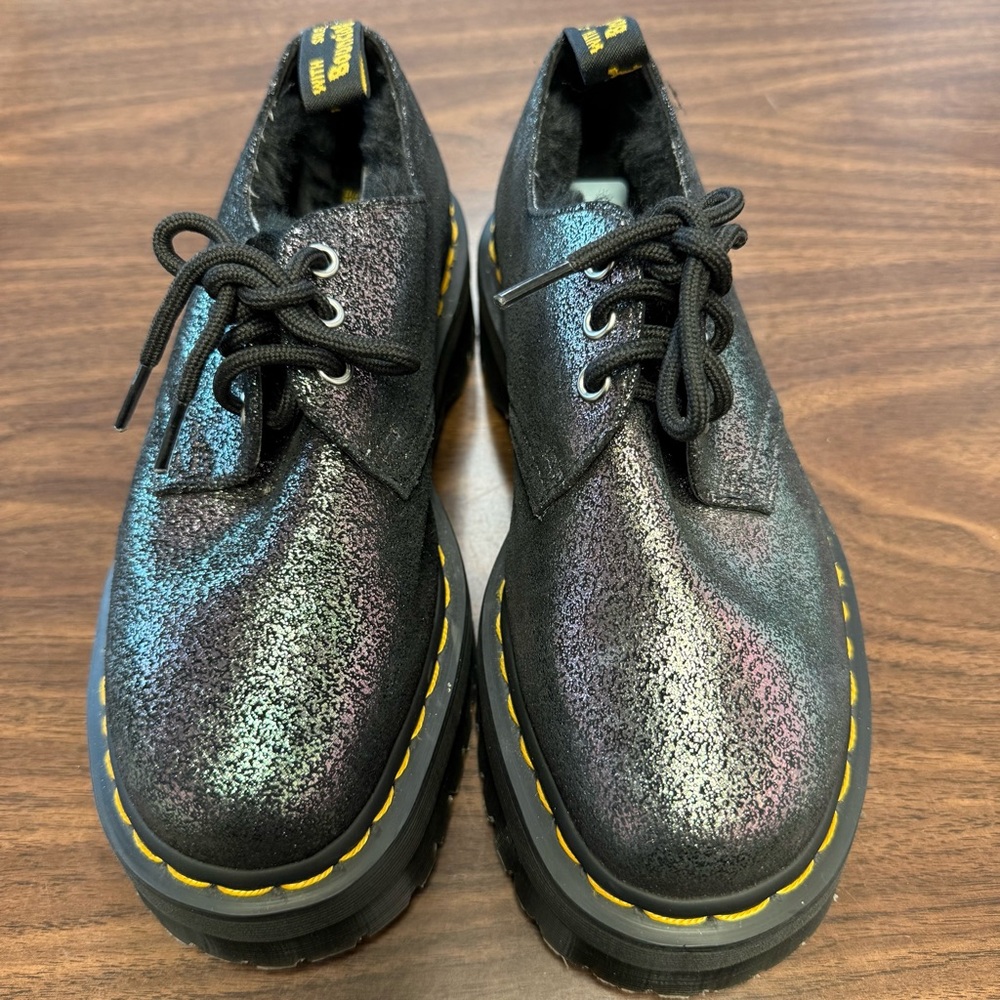 Dr. Martens 1461 Faux Fur-Lined Metallic Leather Platform Shoes - Size Ladies 7